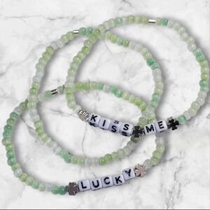Kids Beaded Stretch Bracelet Set - Green 'KISS ME' & 'LUCKY'